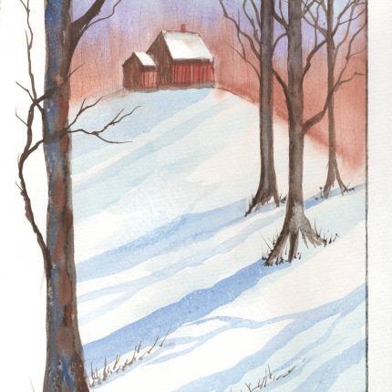 snowy cabin atop a snow-covered hill near barren trees casting long shadows