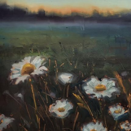 oil painting of daisies in a field at sunset