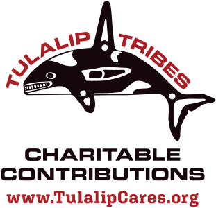 logo for Tulalip Tribes Charitable Contributions organization, with image of indigenous-style drawn orca whale and website listed below of www.tulalipcares.org
