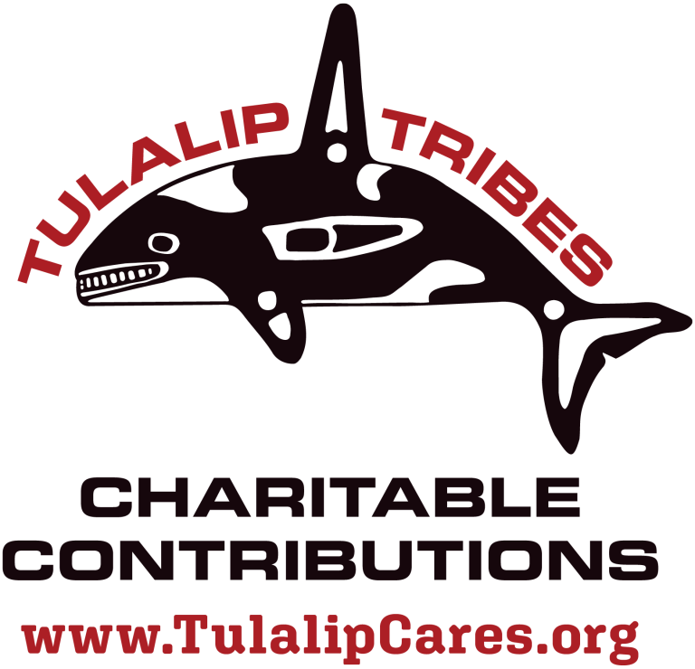 logo for Tulalip Tribes Charitable Contributions organization, with image of indigenous-style drawn orca whale and website listed below of www.tulalipcares.org