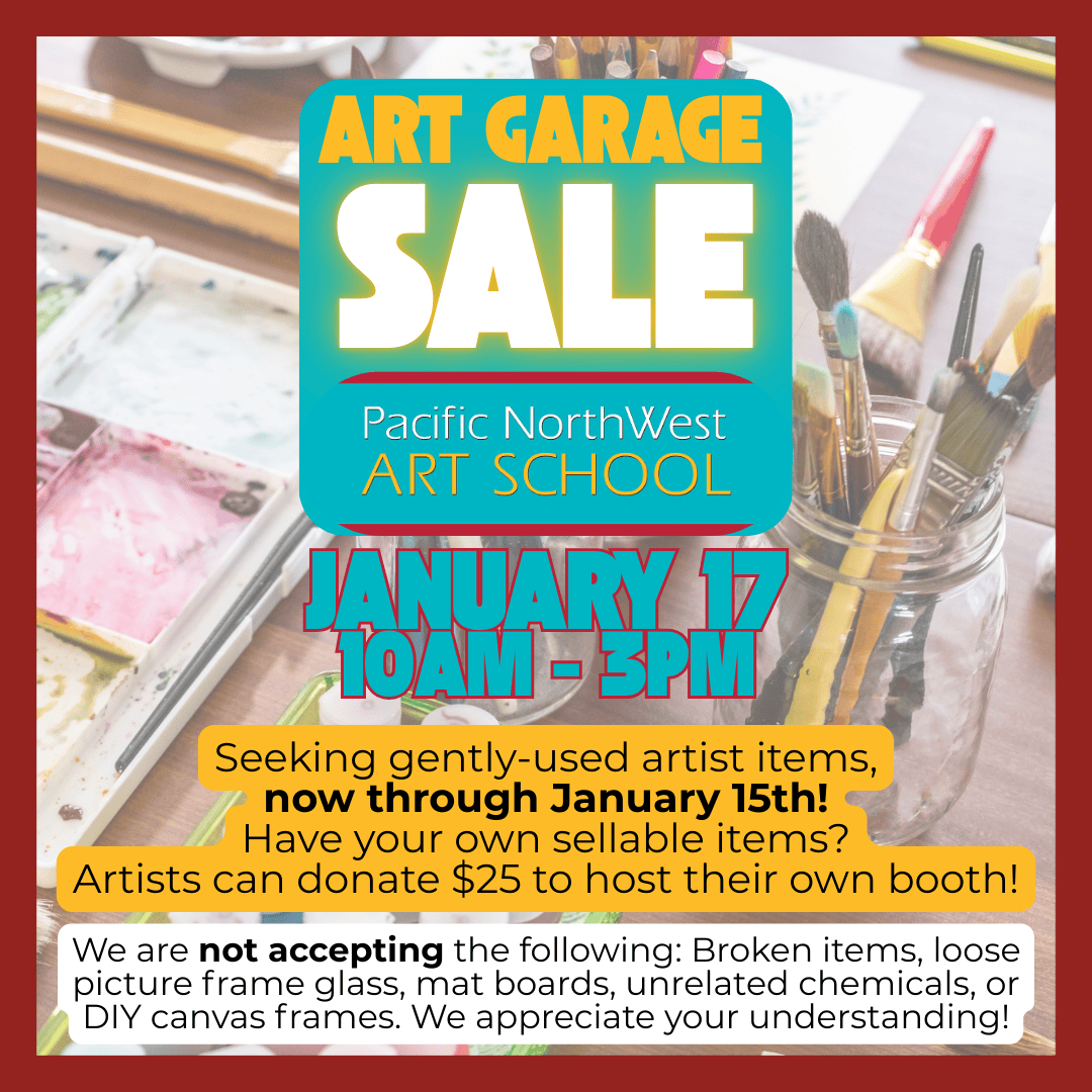 Seeking gently-used artist items, now through January 15th to go in the Art Garage Sale on the 17th! Have your own sellable items? Artists can donate $25 to host their own booth! We are not accepting the following: Broken items, loose picture frame glass, mat boards, unrelated chemicals, or DIY canvas frames. We appreciate your understanding!