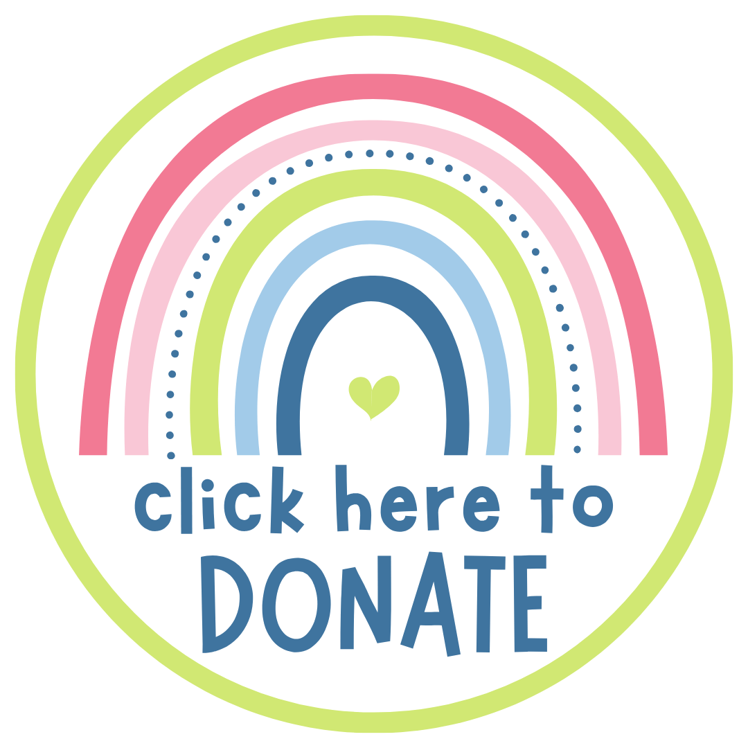 the words click here to donate appear underneath a colorful rainbow, with a small heart below the word
