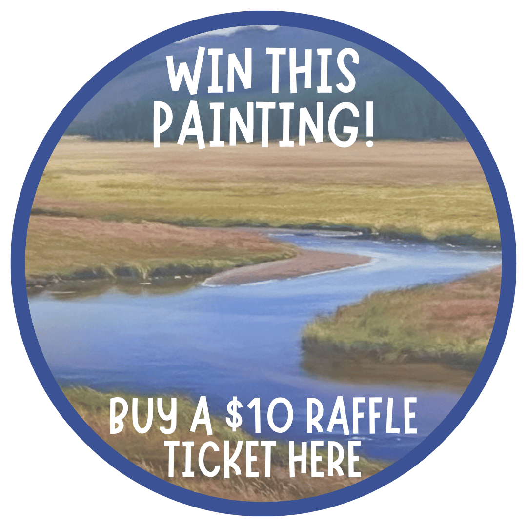 Win this painting Buy a $10 raffle ticket here, words on top of photo of Gibbon River painting