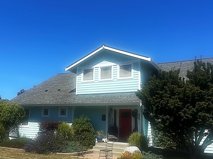 exterior photograph of aquamarine-painted Delphinium House against blue sky next to a tree on right side of front yard